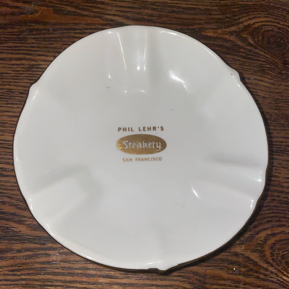 VTG PHIL LEHR’S stealer  San Francisco White Gold Ashtray Ceramic 4.5” Diameter